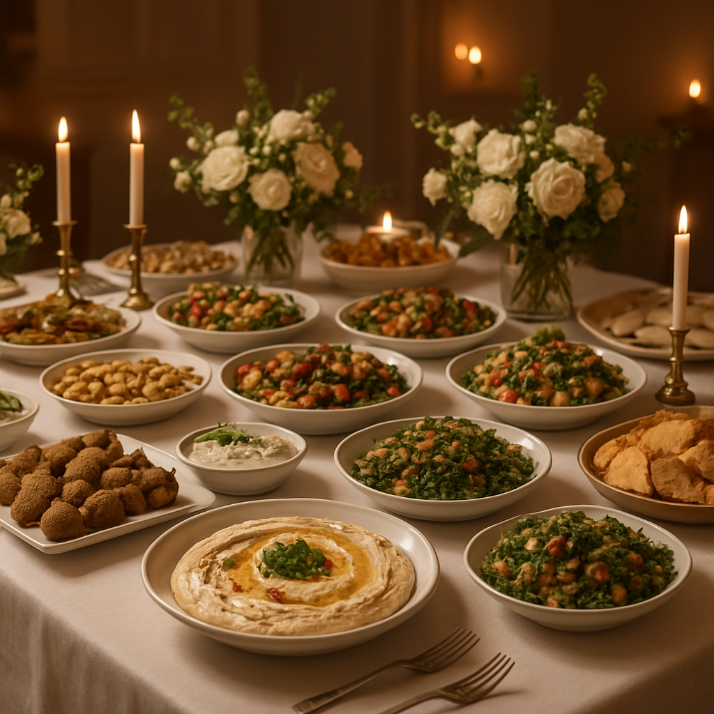 Catering table setup for a formal event with Lebanese and Mediterranean food platters