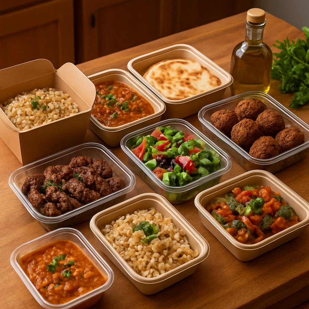Home-prepared Lebanese takeaway meals packed in containers ready for pickup